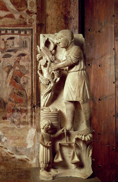 Druiven plukken: September uit een beeldkalender van de Arbeid van de Maanden, c.1200 door Benedetto Antelami
